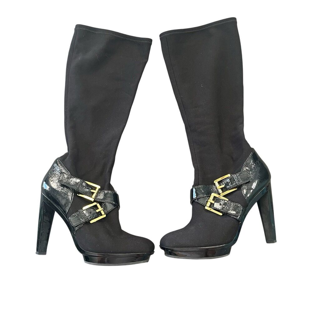 Michael Kors Black Elastic Stretch Tall Heel Buckle Boots